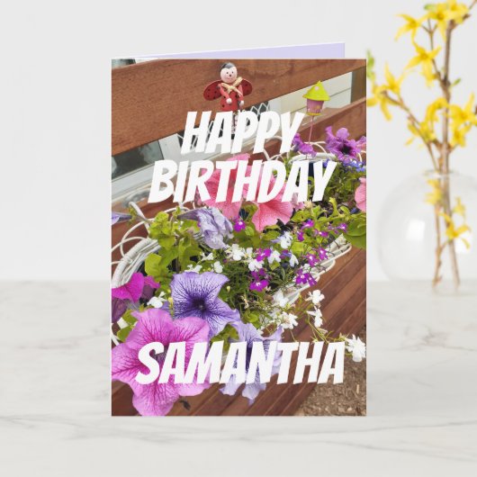 パープルかわいらし&ピンクペチュニアスガーデンパーソナライズされた カード (黄色い花)