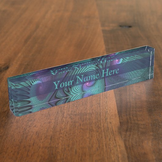 パープルがターコイズ抽象芸術を満たすフラクタル美術名 デスクネームプレート (側面)