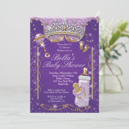 パープルきらきら光るグリッターベビーシャワー招待状 招待状 (スタンド正面)
