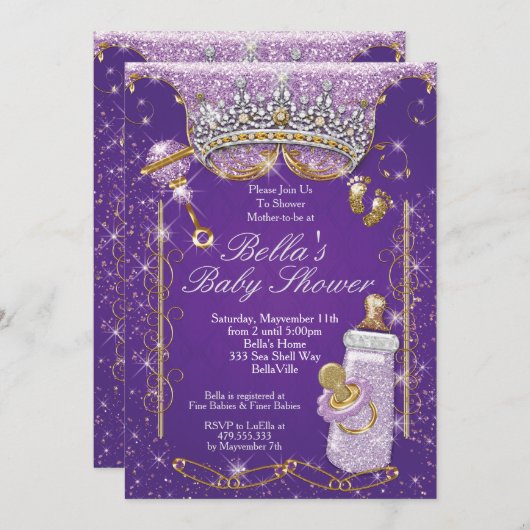 パープルきらきら光るグリッターベビーシャワー招待状 招待状 (正面/裏面)