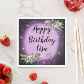 パープルきらきら光るフローラバード誕生日 スタンダードランチョンナプキン (インサイチュ)