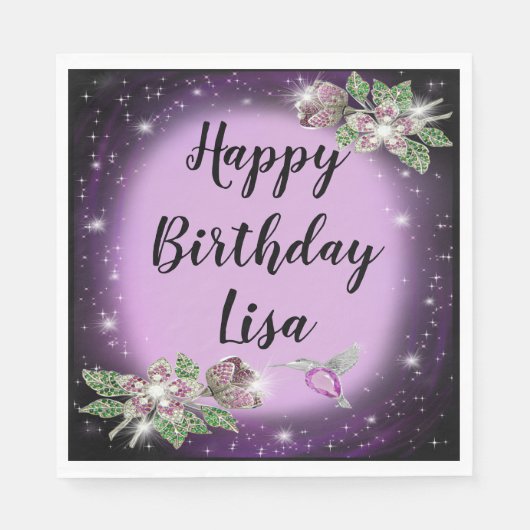 パープルきらきら光るフローラバード誕生日 スタンダードランチョンナプキン (正面)