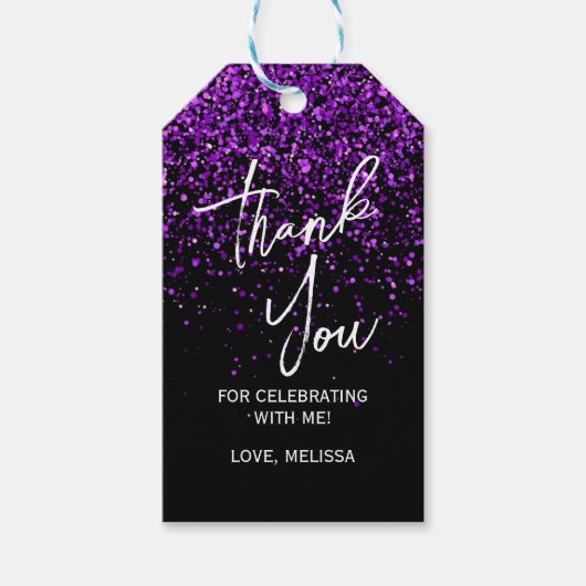 パープルきらめくグリッターブラック誕生日ありがとう ギフトタグ (正面)