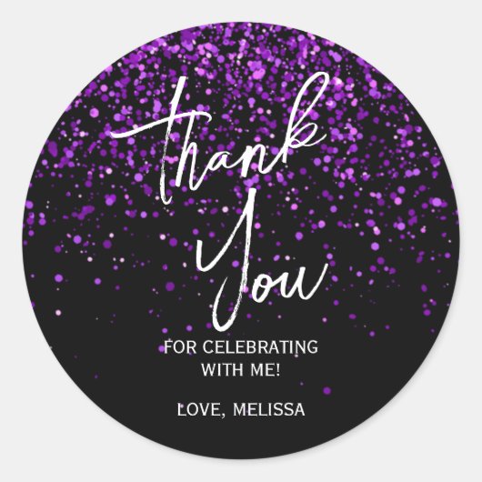 パープルきらめくグリッターブラック誕生日ありがとう ラウンドシール (正面)