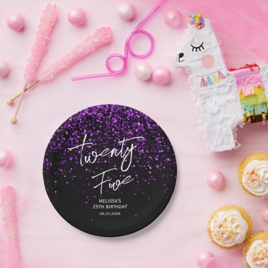 パープルきらめくグリッターブラックAny Age誕生日 ペーパープレート (パーティー)