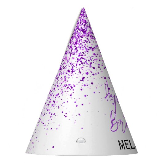 パープルきらめくグリッターホワイトエイジ誕生日 パーティーハット (左)