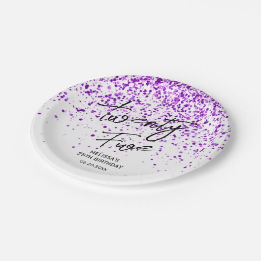 パープルきらめくグリッターホワイトエイジ誕生日 ペーパープレート (アングル)