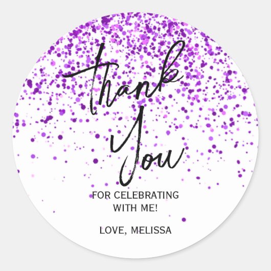 パープルきらめくグリッターホワイト誕生日ありがとう ラウンドシール (正面)