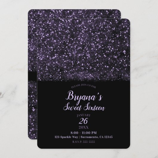 パープルきらめくグリッターライツスウィート16パーティー 招待状 (正面/裏面)
