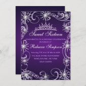 パープルきらめくスノーフレーク誕生日招待状 招待状 (正面/裏面)