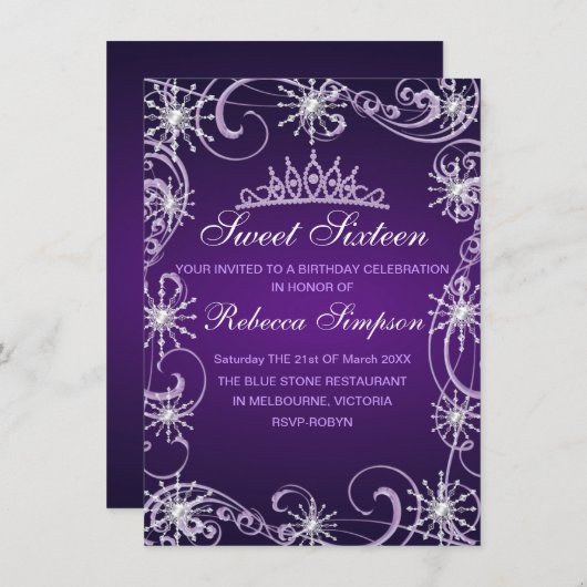 パープルきらめくスノーフレーク誕生日招待状 招待状 (正面/裏面)