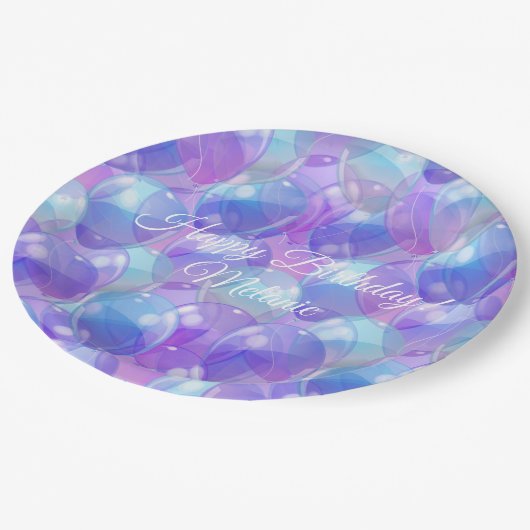 パープルきらめくティール（緑がかった色）ブルー誕生日パーティバルーン ペーパープレート (アングル)