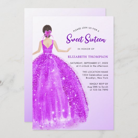 パープルきらめくドレグラデーションススイート16誕生日 招待状 (正面/裏面)