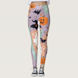 パープルこうもりとカボチャ不気味おもしろいハロウィン レギンス