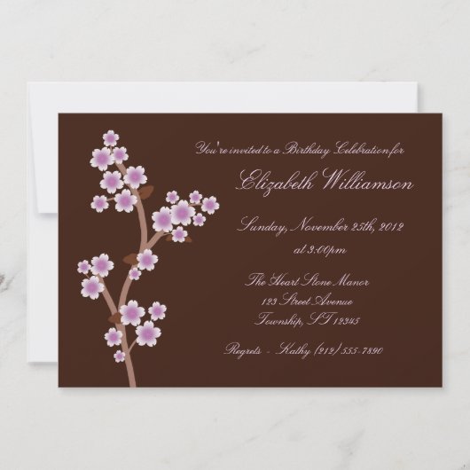 パープルさくらんぼブロッサムブラウン誕生日招待状 招待状 (正面)