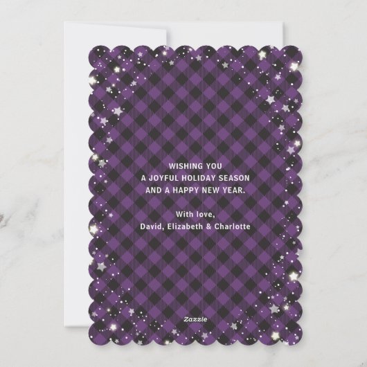 パープルすてきプレイドスターリーフォトメリークリスマス シーズンカード (裏面)