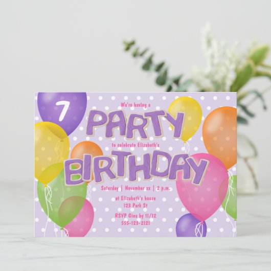 パープルつや消し切り出しクッキーガールズ誕生日 招待状 (スタンド正面)