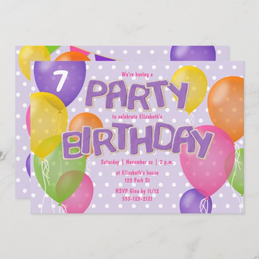 パープルつや消し切り出しクッキーガールズ誕生日 招待状 (正面/裏面)