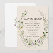 パープルとイエローの小さな花が咲くベイビーシャワー 招待状 (正面/裏面)
