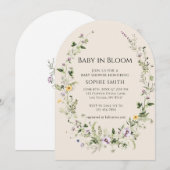 パープルとイエローの小さな花が咲くベイビーシャワー 招待状 (正面/裏面)