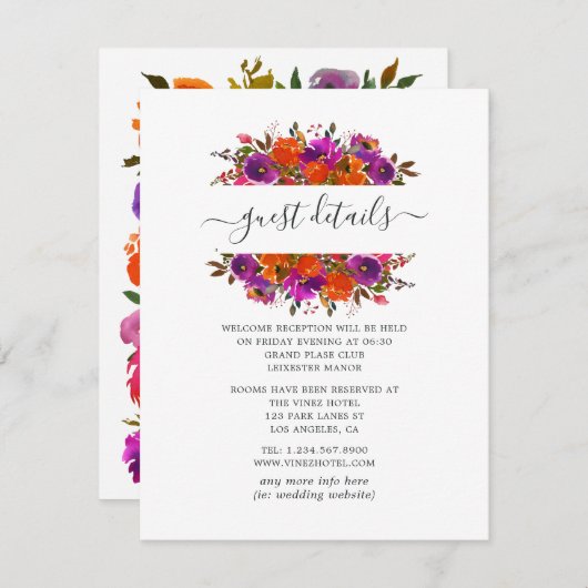 パープルとオレンジのフローラ結婚ズゲスト詳細 エンクロージャーカード (正面/裏面)