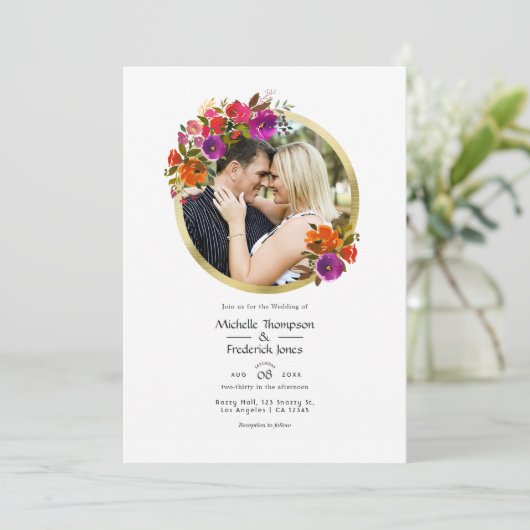 パープルとオレンジの花の結婚式の写真 招待状 (スタンド正面)