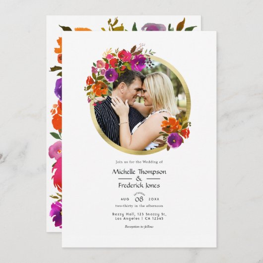 パープルとオレンジの花の結婚式の写真 招待状 (正面/裏面)