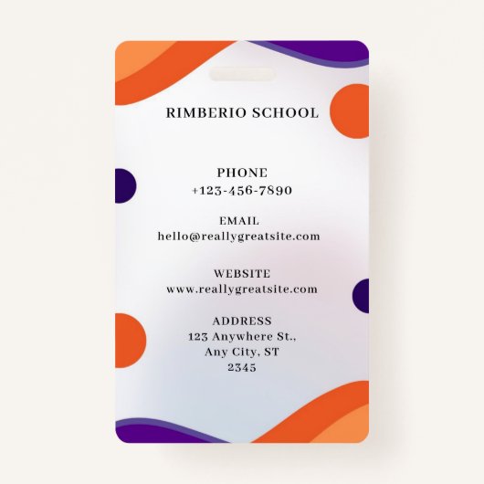 パープルとオレンジモダンの先生ポートレート会社 バッジ (裏面)