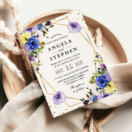 パープルとクリームのサマー フラワー ゴールド フレーム ウェディング 招待状