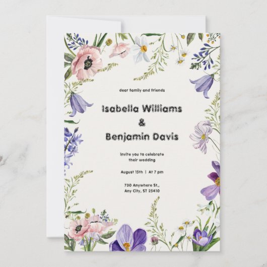 パープルとクリー縁どムの結婚フローラの招待 招待状 (正面)