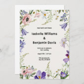 パープルとクリー縁どムの結婚フローラの招待 招待状 (正面/裏面)