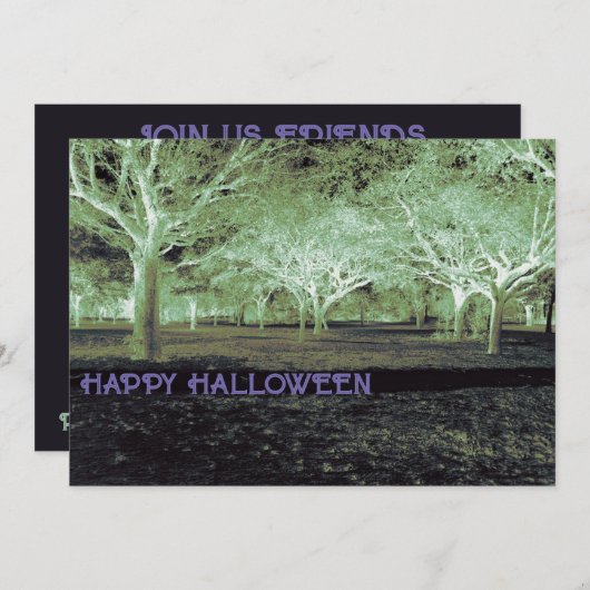 パープルとグリーンのハロウィンパーティー 不気味な森 招待状 (正面/裏面)