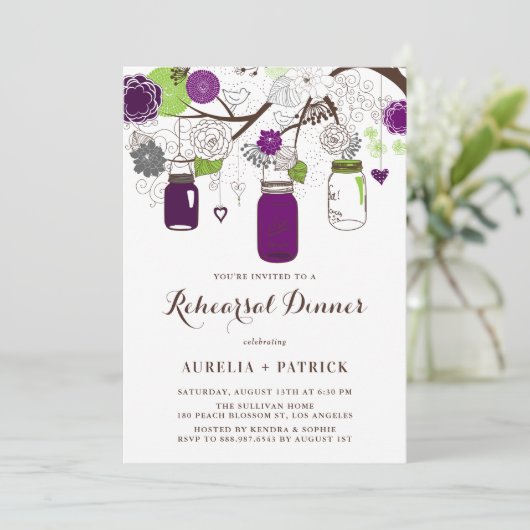パープルとグリーンのメイスンジャースリハーサルディナー 招待状 (スタンド正面)