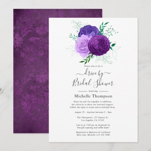 パープルとグリーンの花のドライブバイシャワー 招待状 (正面/裏面)