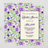 パープルとグリーンの花柄ボタニカル ブライダルシャワー 招待状 (正面/裏面)