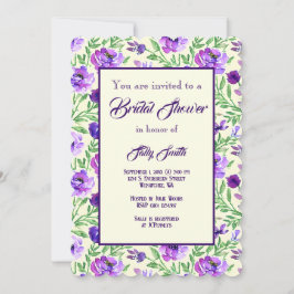 パープルとグリーンの花柄ボタニカル ブライダルシャワー 招待状