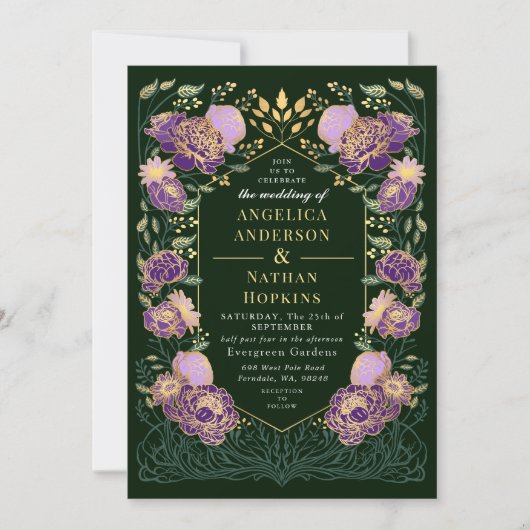 パープルとグリーンの魔法の花園ウェディング 招待状 (正面)