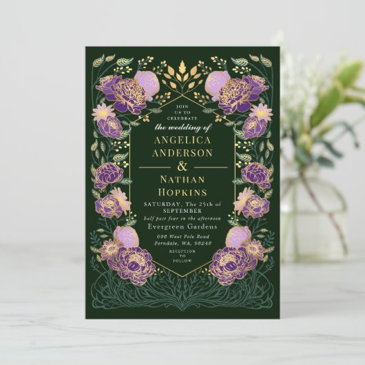 パープルとグリーンの魔法の花園ウェディング 招待状 (スタンド正面)