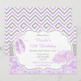 パープルとグレイのシェブロン バレリーナ 誕生日 招待状