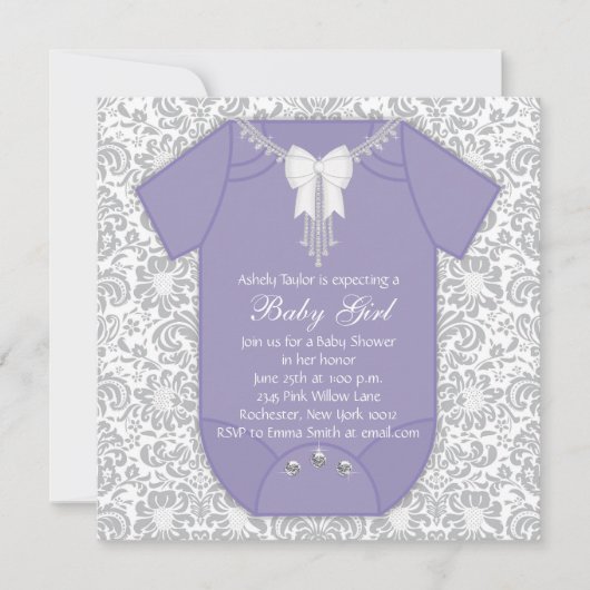 パープルとグレイのベビーシャワー 招待状 (正面)