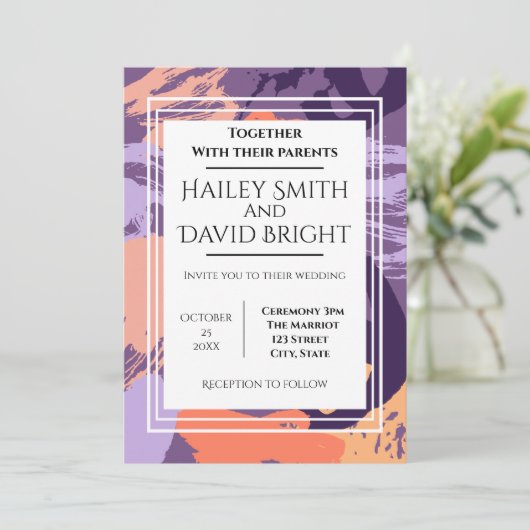 パープルとコーラルモダン抽象芸術結婚ズ 招待状 (スタンド正面)
