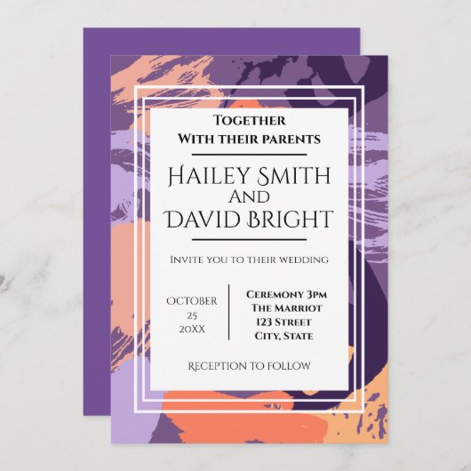 パープルとコーラルモダン抽象芸術結婚ズ 招待状 (正面/裏面)