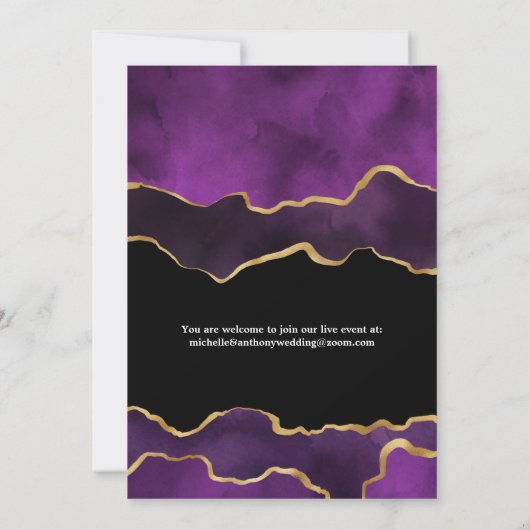 パープルとゴールドのアゲート石を使用した結婚式のゲストリスト縮小のお知らせ 案内状 (裏面)