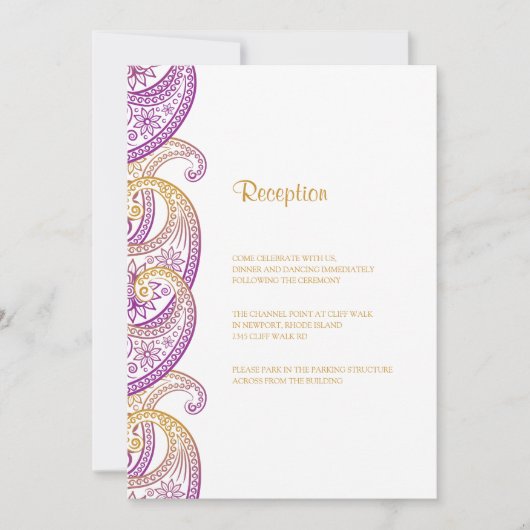 パープルとゴールドのインド paisley ウェディング レセプション 招待状 (正面)