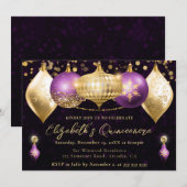 パープルとゴールドのクリスマスオーナメントのキンセアニエラ 招待状 (正面/裏面)