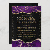 パープルとゴールドのグリッターアゲート誕生日パーティー 招待状 (正面/裏面)