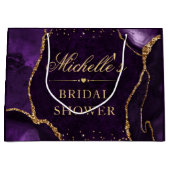 パープルとゴールドのグリッター大理石アゲート ブライダルシャワー ラージペーパーバッグ (正面)
