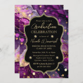 パープルとゴールドのグリッター アルコール インク 卒業 招待状 (正面/裏面)