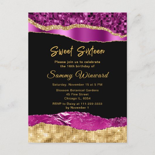 パープルとゴールドのグリッター ティアーズ スイート シックスティーン ポストカード (正面)