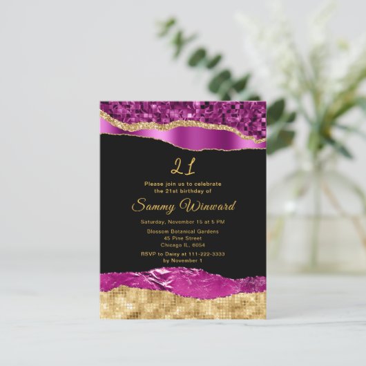パープルとゴールドのグリッター ティアーズ バースデーパーティー ポストカード (スタンド正面)
